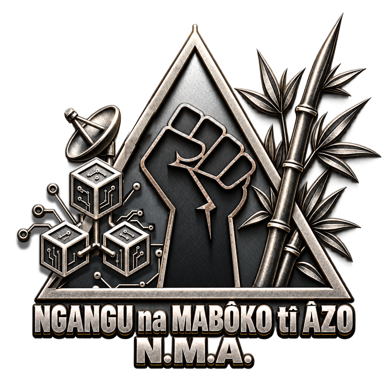 Emblème N.M.A. : le poing et le triangle, une parabole et trois cubes à gauche, un bambou à droite.